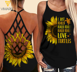 Turtle girl sunflower Criss-Cross Open Back Camisole Tank Top 1607A