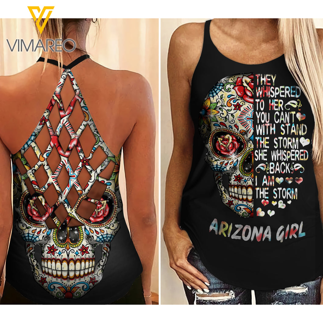 Arizona Girl Skull Tattoos Criss-Cross Open Back Camisole Tank Top 1803NGBA