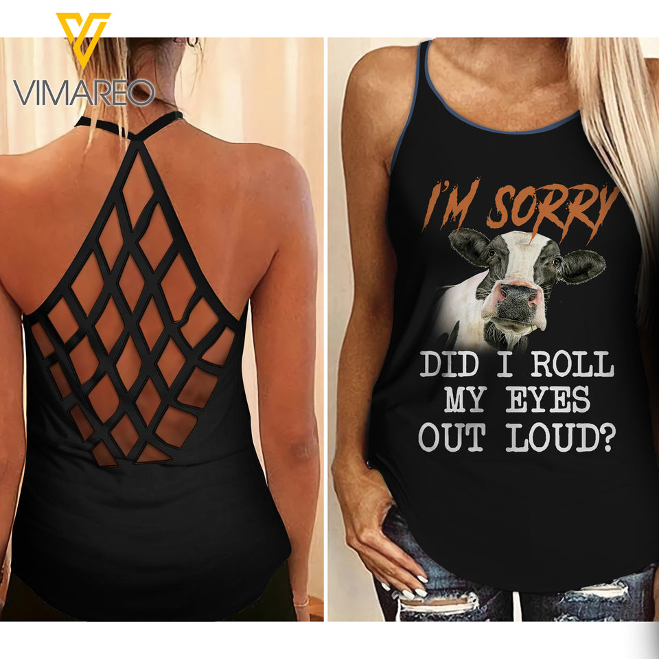 Dairy cattle- My eyes out loud Criss-Cross Open Back Camisole Tank Top Legging TVMR