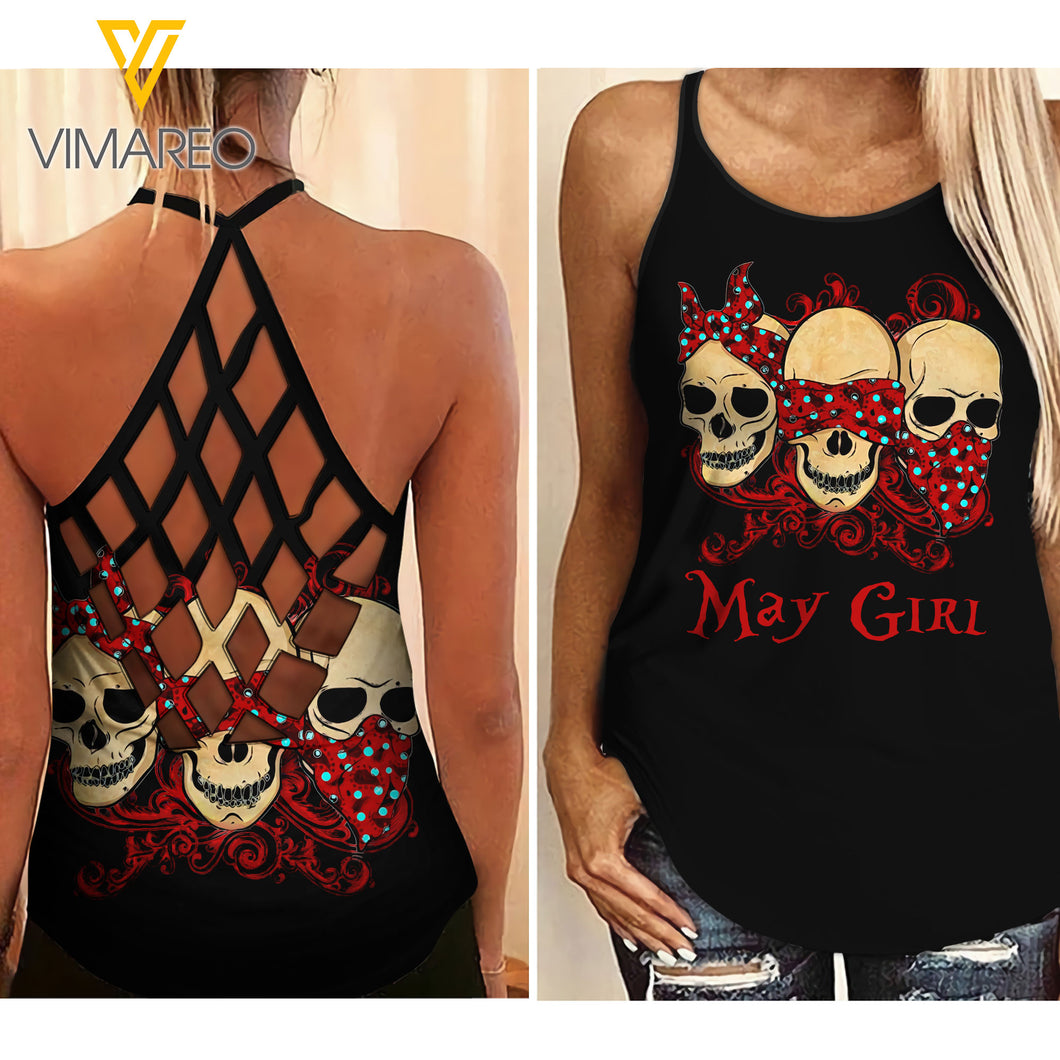 May Skull girl Criss-Cross Open Back Camisole Tank Top