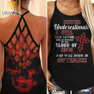 Never underestimate September girt with tattoos Criss-Cross Open Back Camisole Tank Top