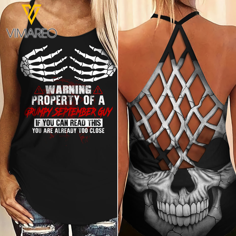 Warning property of a grumpy September guy Criss-Cross Open Back Camisole Tank Top Legging