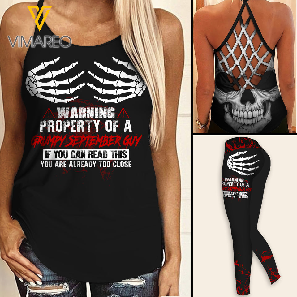 Warning property of a grumpy September guy Criss-Cross Open Back Camisole Tank Top Legging