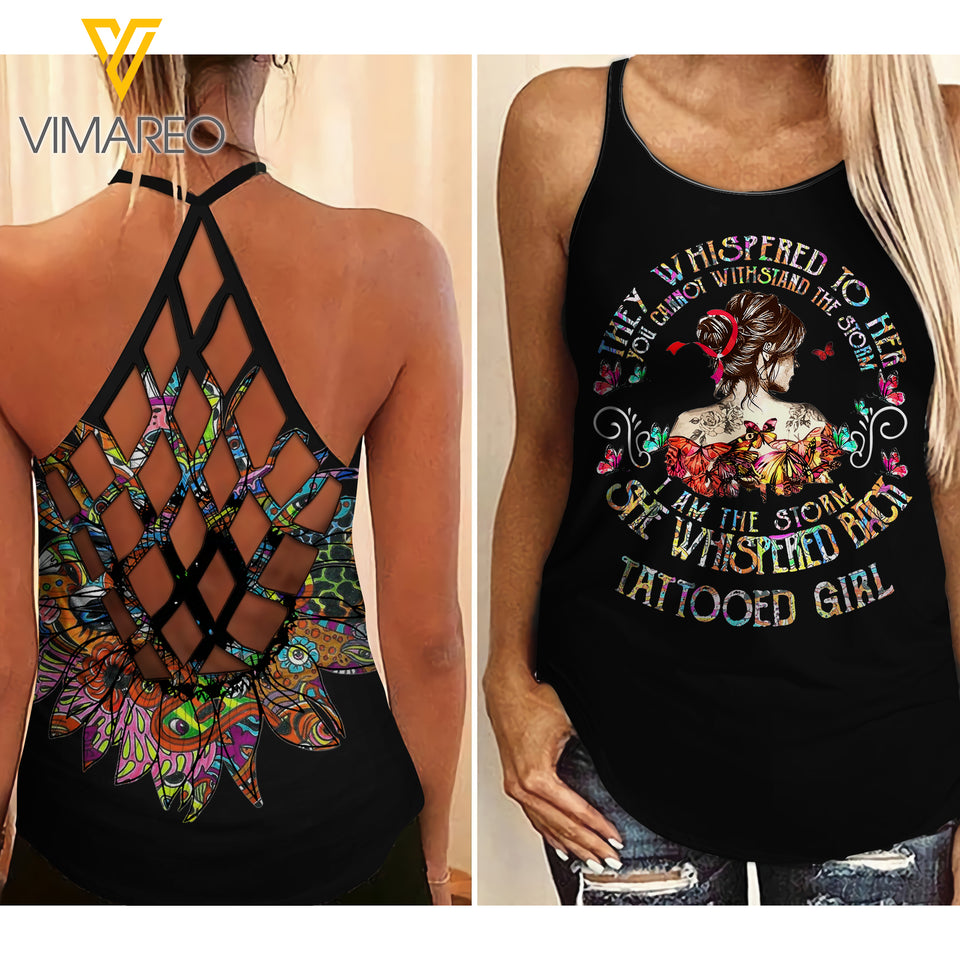 Tattooed girl Criss-Cross Open Back Camisole Tank Top Legging WHIS