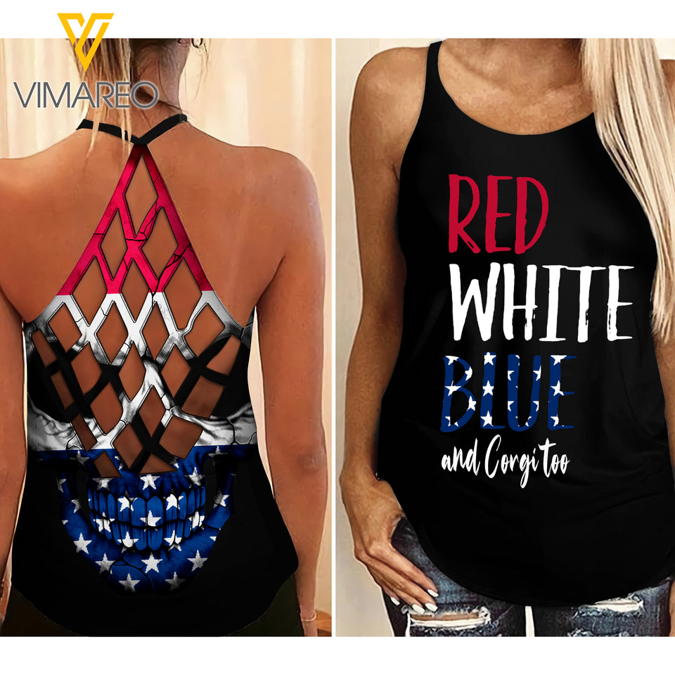 Red White Blue Corgi Skull  Criss-Cross Open Back Camisole Tank Top