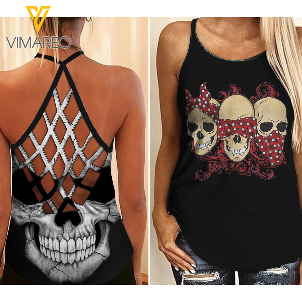 SKULL Criss-Cross Open Back Camisole Tank Top QMN