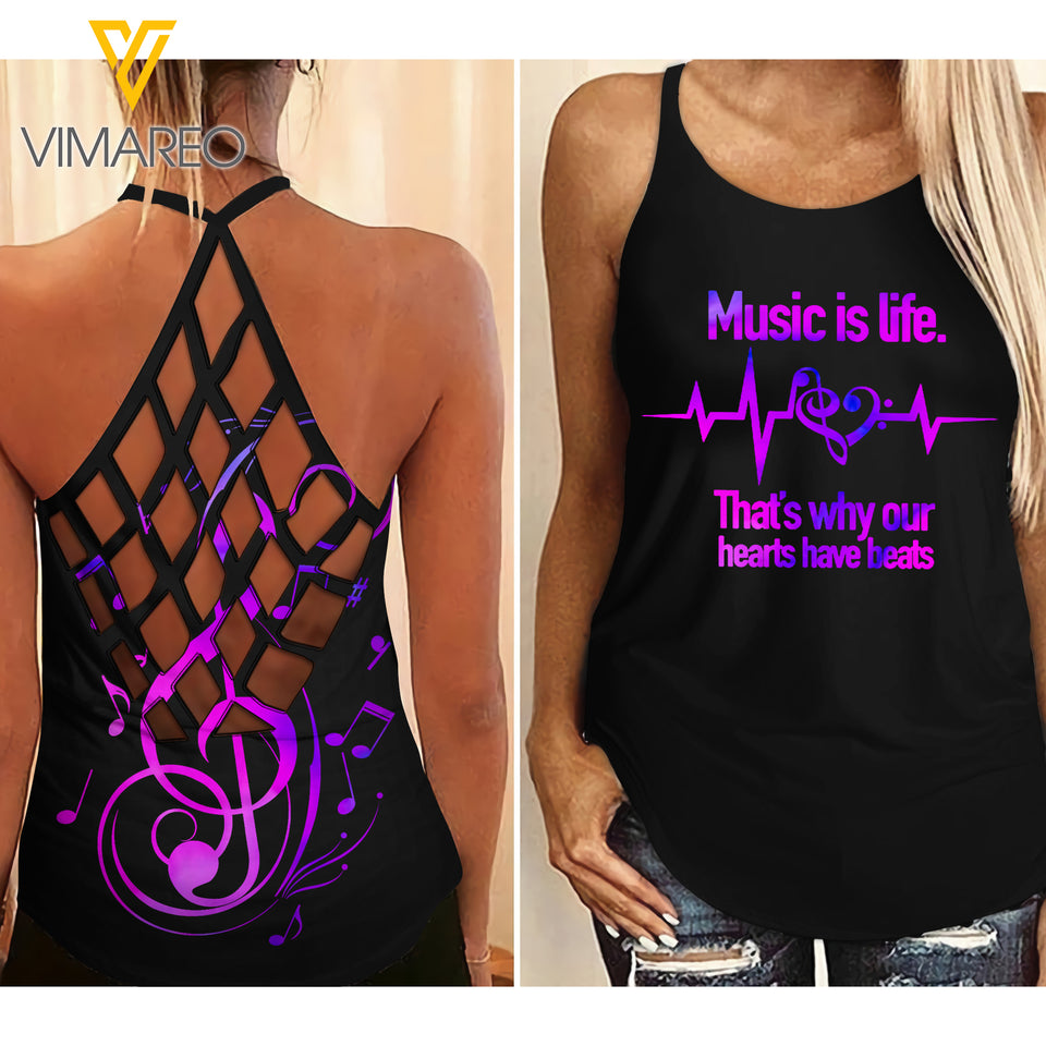 Music Life Criss-Cross Open Back Camisole Tank Top QSERD
