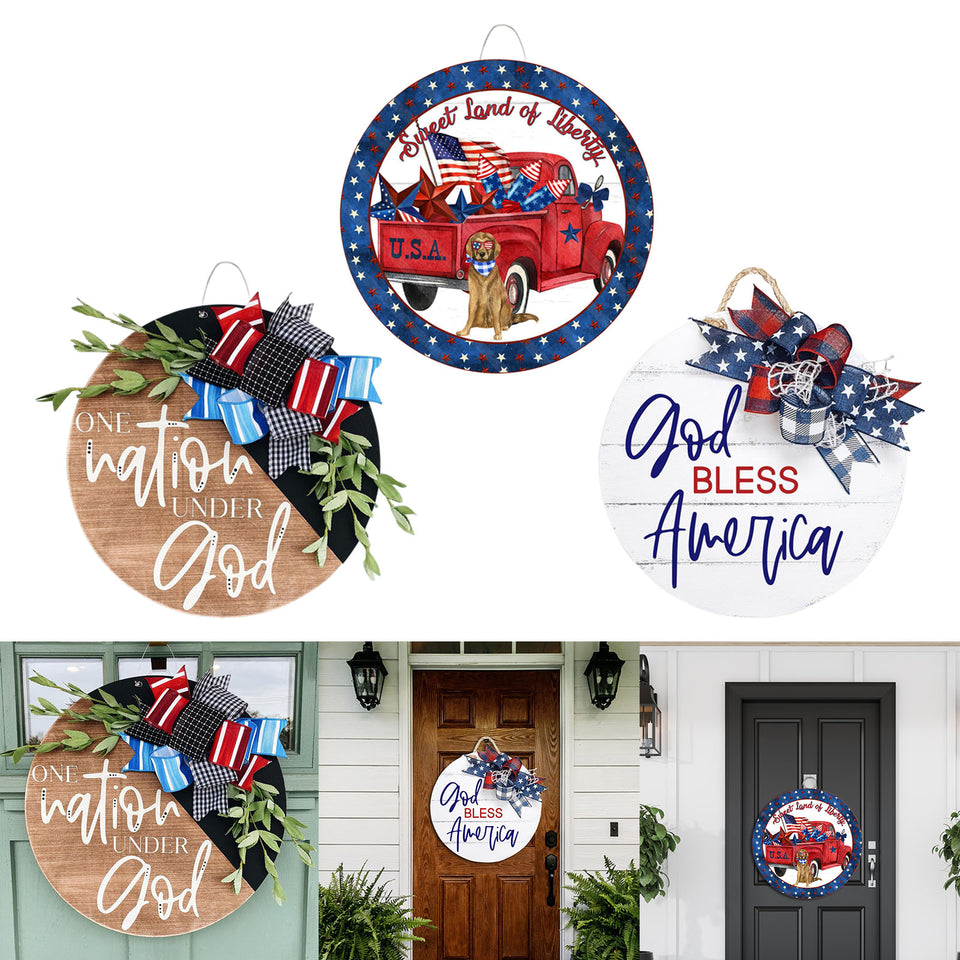 Independence Day Wreath American Flag Wooden Welcome Door Sign Front Door