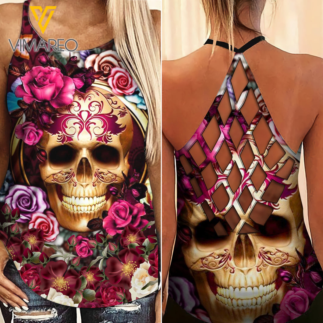 Skull Flower Criss-Cross Open Back Camisole Tank Top Legging KBGDJE