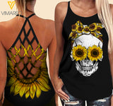 Skull Flower Criss-Cross Open Back Camisole Tank Top MSAKE