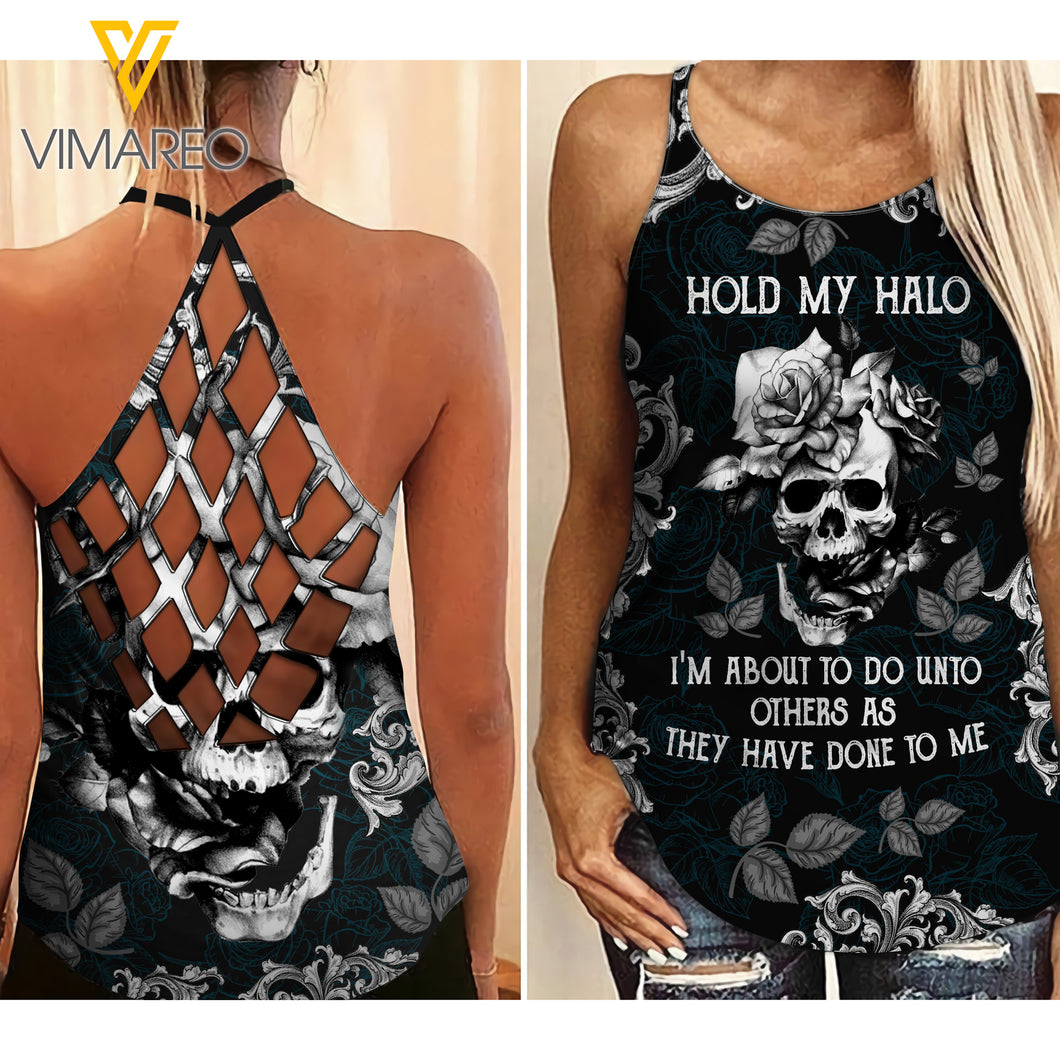 Skull Girl Criss-Cross Open Back Camisole Tank Top QSUEO2