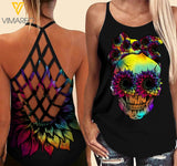 Skull Flower Criss-Cross Open Back Camisole Tank Top MSAKE