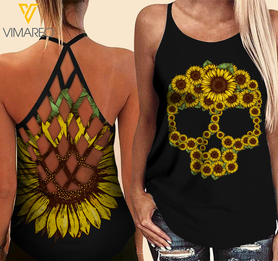 Skull Flower Criss-Cross Open Back Camisole Tank Top MSAKE2