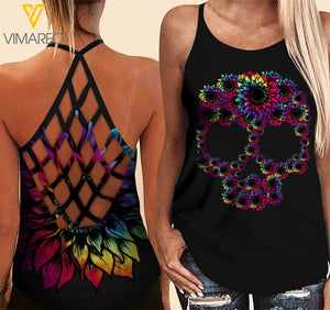 Skull Flower Criss-Cross Open Back Camisole Tank Top MSAKE2